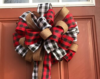 Black Red Buffalo Plaid Check Pattern Burlap Christmas Ribbon Bow Tree Topper Bow Door Wreath Lamp Post Bow Long Tails Red Black White Plaid