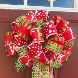 Red and Lime Green Christmas Tree Bow Topper, Holiday Tree Topper