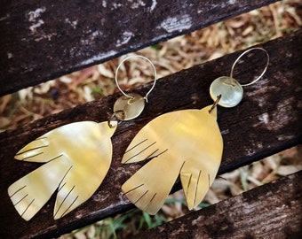 Handmade dangle brass bird earrings / big forest earrings / drop earrings