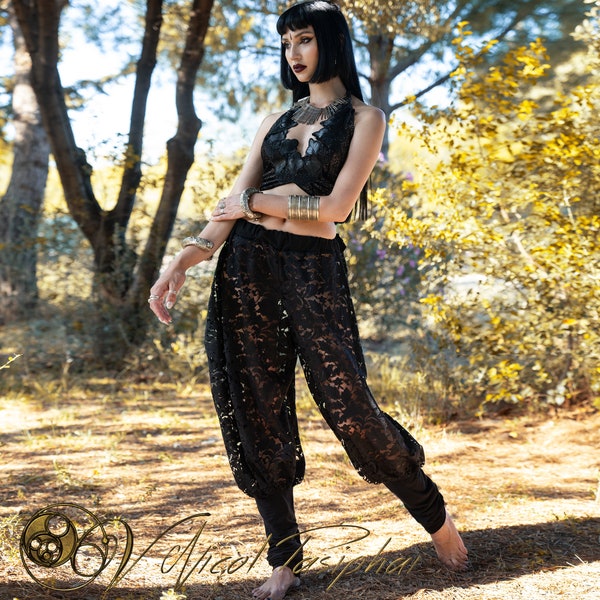 Black lace capri pants / lace harem pants / open hip capri pants / cut out harem pants