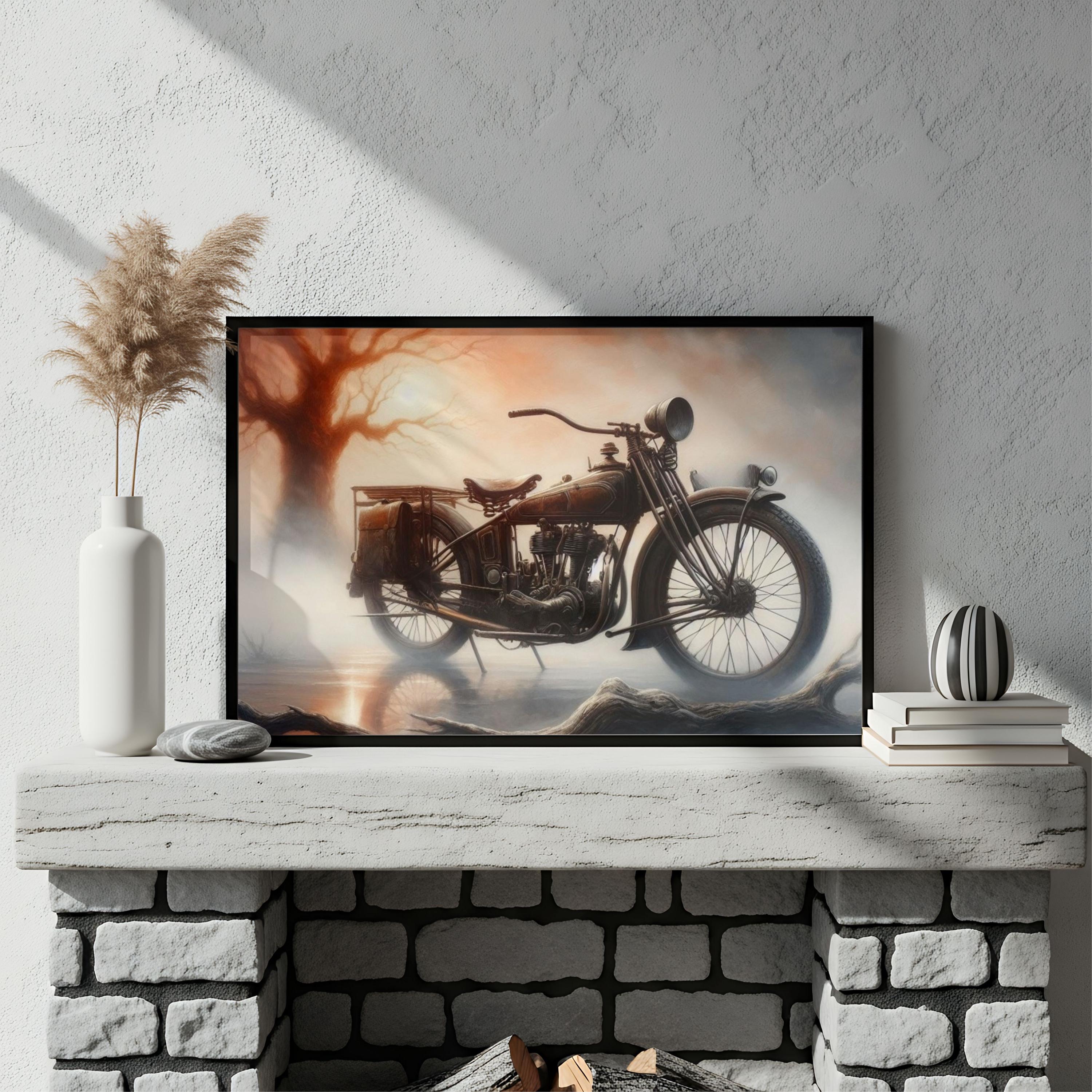 Vintage Motorcycle Wall Art – Retro Bike Painting Print – Rustic Foggy ...
