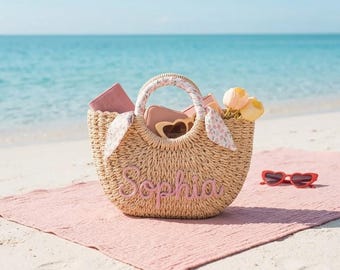 Personalized Straw Beach Bag, Embroidered Woven Tote, Bridesmaid Bachelorette Gift