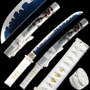 May include: A collection of Japanese swords with blue blades and white handles. The blades have a wavy edge design and are housed in silver scabbards with detailed artwork. The handles are wrapped in white fabric with gold accents.