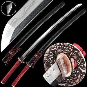May include: An overhead shot showcases three Japanese katana swords with black handles and red wrappings. The blades have a distinctive pattern. A circular guard with a wave design and a close-up of the blade's edge are also visible.