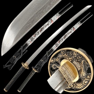 Espada GLW Swrod 40" Forjada à Mão, Katana Samurai Japonesa, Espiga Completa, Aço Damasco Dobrado e Afiado, com Saya Branca Pintada com Dragão - Presente Ideal para o Pai