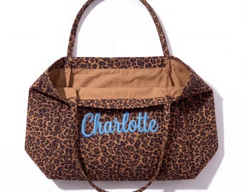 Personalized Leopard Canvas Tote Bag, Custom Embroidered Weekender, Diaper Bag, Animal Print Tote, Birthday Bridesmaid Mothers Day Gift