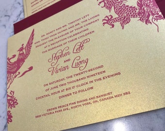 letterpressed custom modern DEPOSIT Asian wedding Chinese wedding letterpress wedding invitations Red shimmer metallic Belly Band