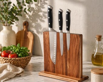 Soporte magnético para cuchillos de madera de acacia, de doble cara para colocar sobre la encimera.