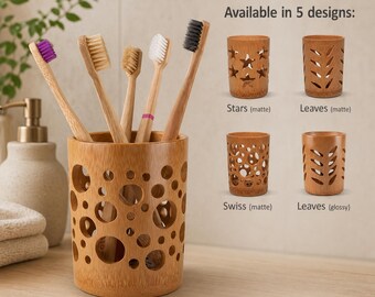 Bamboo Toothbrush Holder, Drainage, Eco Bathroom Organizer, Japandi Style Cup