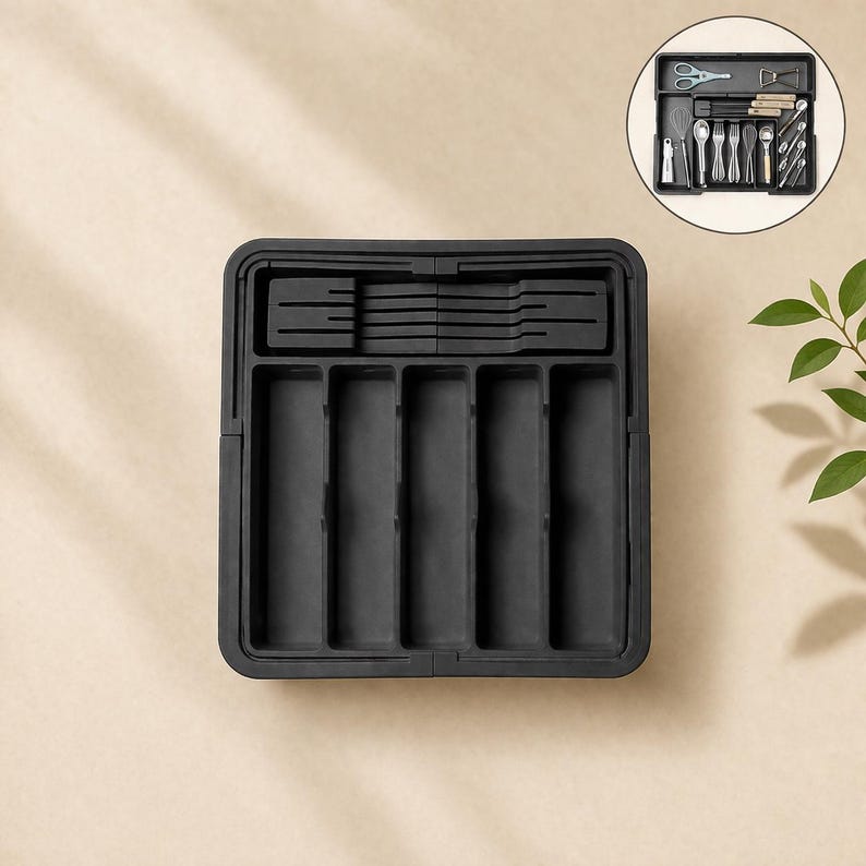 K&ouml;nnte beinhalten: Ein schwarzer Besteck-Organizer mit mehreren F&auml;chern f&uuml;r Besteck. Der Organizer hat eine rechteckige Form mit einem Deckel und ist f&uuml;r den Einbau in eine Schublade konzipiert. Ein kleineres inset-Bild zeigt den Organizer mit Utensilien gef&uuml;llt.
