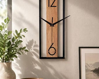 Modern Vertical Wood Metal Wall Clock, Scandinavian Silent Living Room Decor