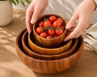 Juego de cuencos de madera de acacia / Cuencos de arroz, fruta, ensalada y utensilios de cocina de estilo japonés