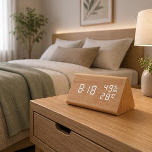 Puede incluir: Un reloj digital triangular de madera que muestra las 8:18, 49% de humedad y 28 grados Celsius. El reloj está sobre una mesita de noche de madera en un dormitorio. El fondo incluye una cama con almohadas y una lámpara.