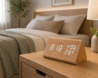 Wooden LED Alarm Clock, Digital Desk Clock, Temperature Humidity, Voice Control, Modern Decor