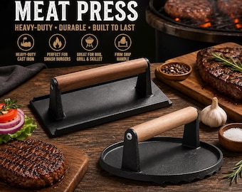 Cast Iron Grill Press with Wooden Handle, Heavy Duty Burger and Steak Press, Rectangular BBQ Meat Press, Bacon Press for Grill & Skillet