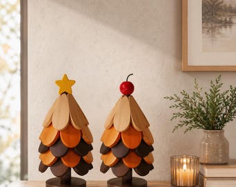 Wooden 5 Piece Christmas Tree Coasters, Heat Resistant Trivet Set, Holiday Table Decor