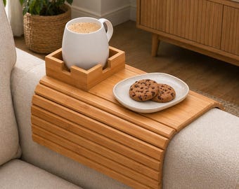 Bamboo Sofa Armrest Tray Table with Cup Holder | Foldable Couch Arm Table