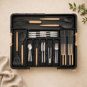 Erweiterbar Besteck Organizer | Verstellbares Utensilientablett | Küchen Schubladen Aufbewahrung | Kunststoff Besteck Organizer | Minimale Küche Bild 1