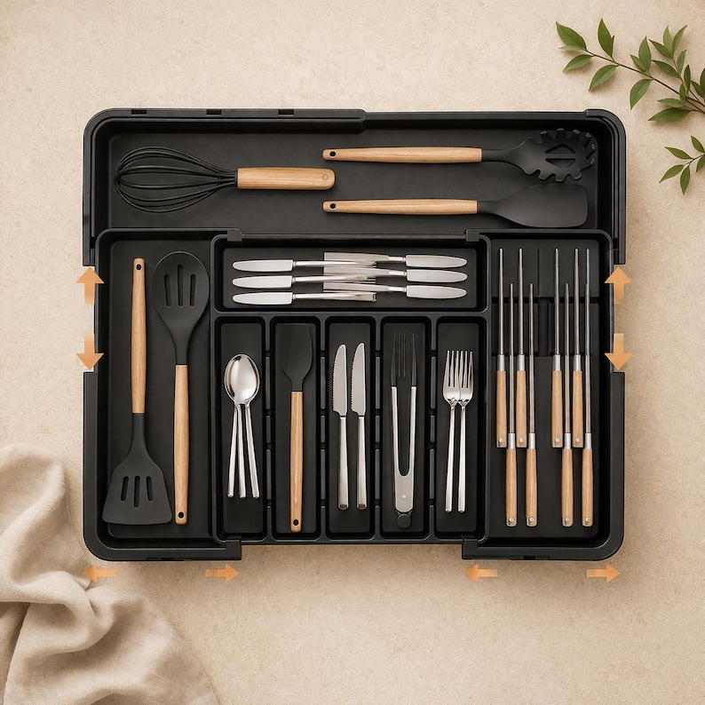Erweiterbar Besteck Organizer | Verstellbares Utensilientablett | Küchen Schubladen Aufbewahrung | Kunststoff Besteck Organizer | Minimale Küche Bild 1