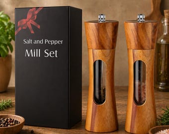 Acacia Wood Salt Pepper Grinders with Stand, Manual Spice Mill Set