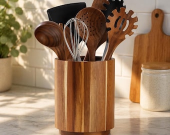 Acacia Wood Utensil Holder | Large Farmhouse Kitchen Countertop Organizer