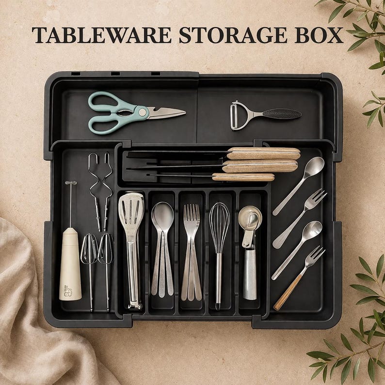 K&ouml;nnte beinhalten: Schwarze Besteck-Aufbewahrungsbox mit verschiedenen K&uuml;chenutensilien, darunter eine Schere, ein Sparsch&auml;ler, Schneebesen, L&ouml;ffel, Gabeln und ein Eisportionierer. Die Box ist offen und zeigt mehrere F&auml;cher zur organisierten Aufbewahrung. Der Text "TABLEWARE STORAGE BOX" steht oben.