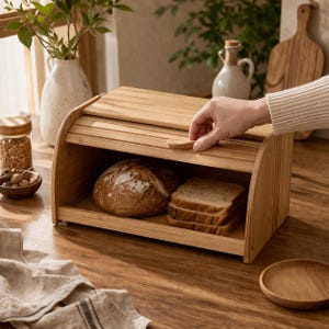 Puede incluir: Una panera de madera clara con tapa enrollable, que contiene un pan y pan en rebanadas. La panera está abierta, mostrando el contenido. Una mano alcanza la tapa. La panera está sobre una superficie de madera.
