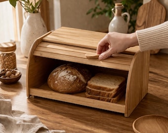 Bamboo Roll Top Bread Box | Kitchen Counter Storage Organizer, Minimalist Decor
