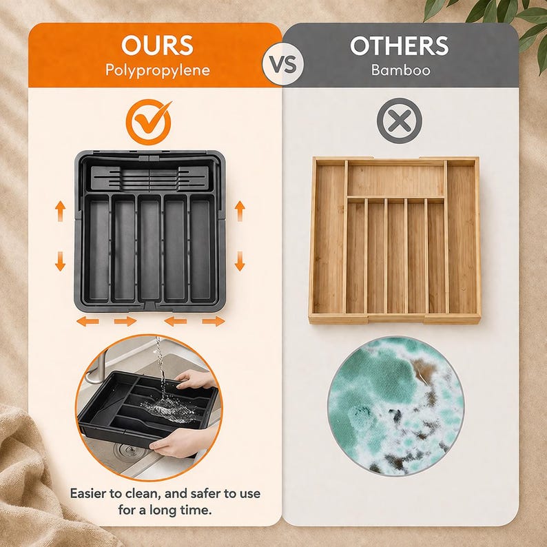 Erweiterbar Besteck Organizer | Verstellbares Utensilientablett | Küchen Schubladen Aufbewahrung | Kunststoff Besteck Organizer | Minimale Küche Bild 7