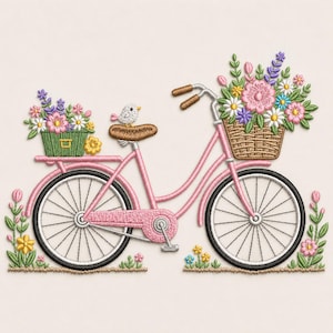 Puede incluir: Bicicleta rosa bordada con cestas de flores y un pajarito. La bicicleta está decorada con flores y hierba coloridas. Ilustración detallada de una bicicleta.