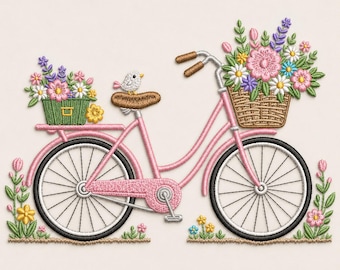 Floral Bicycle Embroidery Design, Pink Vintage Bike with Flower Basket Machine Embroidery Digital File