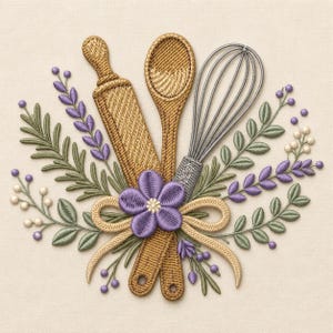 May include: Embroidered design featuring a rolling pin, wooden spoon, and whisk, with lavender and greenery. A purple flower and tan ribbon accent the kitchen-themed artwork. The design is on a cream-colored background.