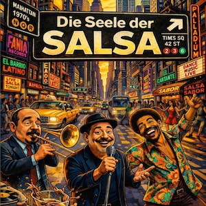 May include: A vibrant illustration of a salsa band performing in a New York City street scene. The artwork features musicians with instruments, a cityscape with signs, and the text "Die Seele der Salsa". The style is reminiscent of vintage posters.
