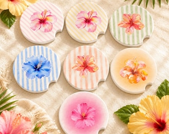 Hibiscus Soapstone Car Coaster, Tropical Floral Cup Holder Coaster, Hawaiian Flower Car Accessories, Cute Summer Car Decor Gift