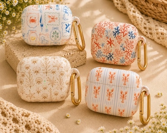 Coastal AirPods Case for AirPods 4 3 Pro 2, Vintage Lobster Earbud Cover, Cute Ocean Sea Shell Coral Stripe Case Protective Gift for Her
