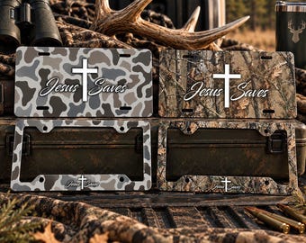 Jesus Saves Camo License Plate & Frame Set, Christian Cross Car Tag, Hunting Camouflage Auto Decor, Faith Gift, 17 Styles