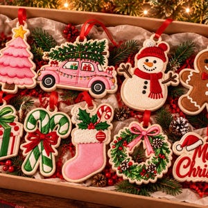 May include: A set of eight Christmas ornaments in a box, including a pink tree, a pink car with a tree, a snowman, a gingerbread person, a gift box, candy canes, a pink stocking, a wreath, and a sign that reads Merry Christmas.