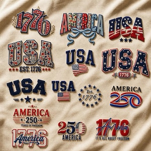 May include: A collection of patriotic patches and appliqués featuring the words "USA" and "America" in various designs. The patches incorporate red, white, and blue colors, stars, and the number "1776". Some patches include the text "Years of Freedom".