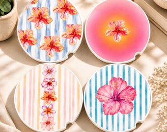 Hibiscus Flower Soapstone Car Coaster, Tropical Floral Print, Pink Hawaiian Flower Cup Holder Coaster, Summer Car Accessory