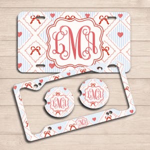 Custom Monogram License Plate and Frame Set, Personalized Coquette Bow Car Accessories, Preppy Blue Red Heart Auto Decor, Gift for Her