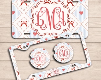 Custom Monogram License Plate and Frame Set, Personalized Coquette Bow Car Accessories, Preppy Blue Red Heart Auto Decor, Gift for Her