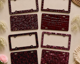 Burgundy Car Accessories, Dark Maroon License Plate or Frame, Faux Glitter, Croc Animal Print, Black Lace, Disco Tile Texture