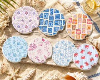 Coastal Seashell Soapstone Car Coaster Absorbent Stone Cup Holder Coaster Matte Finish Beach Ocean Car Accessories Gift for Women