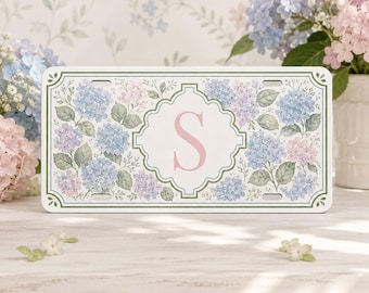 Personalized Hydrangea License Plate, Custom Initial Floral Front Car Plate, Blue Pink Flower Vanity Plate, Monogram Gift for Her