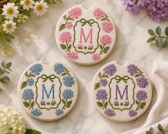 Pink Blue Purple Floral Car Coasters, Personalized Monogram Car Coaster, Cute Ceramic Auto Cup Holder Insert, Custom Flower Car Accessories