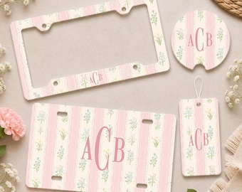 Custom Monogram License Plate Frame Set, Pink Floral Car Accessories, Coquette Auto Decor