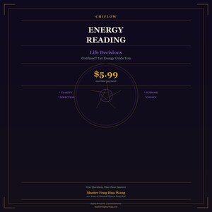 May include: A digital graphic with the text "ENERGY READING" and "Life Decisions." The image includes a price of $5.99 and the phrases "Clarity, Direction, Purpose, Choice." The graphic is on a dark purple background with gold accents.