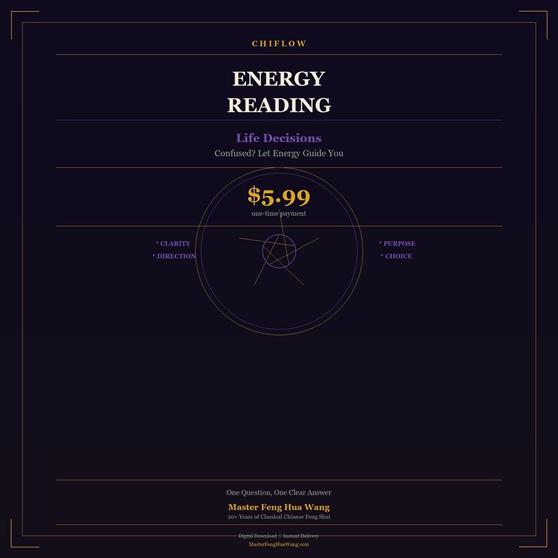 May include: A digital graphic with the text "ENERGY READING" and "Life Decisions." The image includes a price of $5.99 and the phrases "Clarity, Direction, Purpose, Choice." The graphic is on a dark purple background with gold accents.