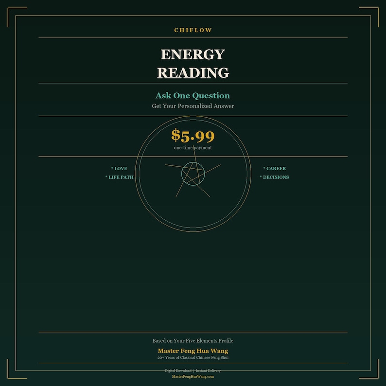 May include: A dark green graphic with the text "CHIFLOW ENERGY READING" and "Ask One Question". The price is $5.99. Keywords: Love, Life Path, Career, Decisions. Based on Your Five Elements Profile. Master Feng Hua Wang.
