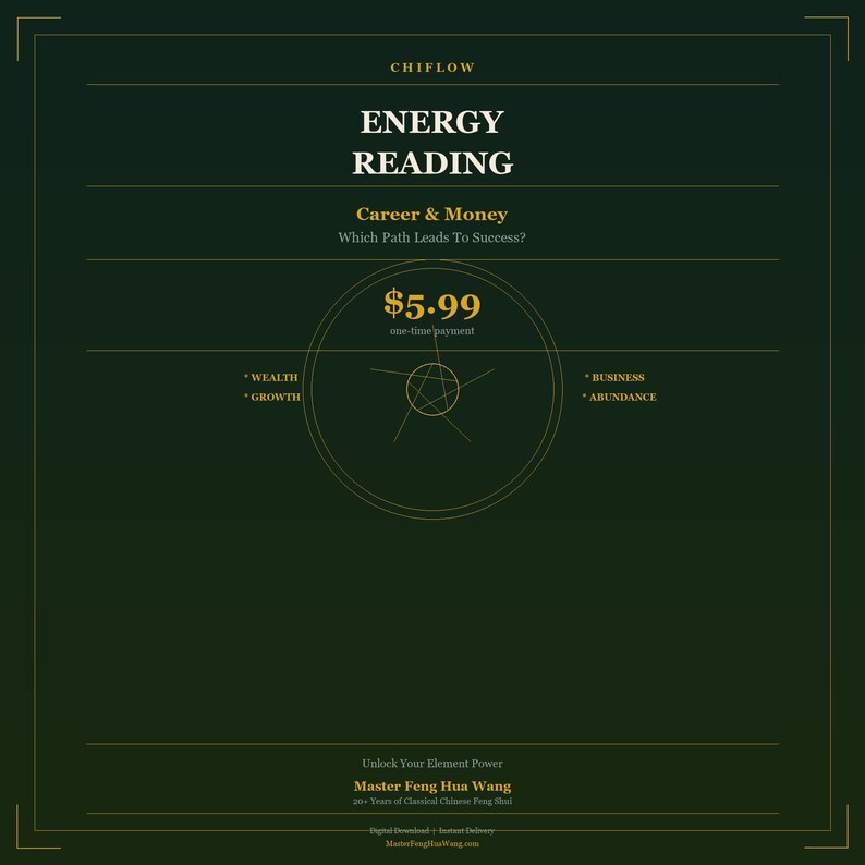 May include: Dark green graphic with gold text promoting an energy reading. The text includes "ENERGY READING", "Career & Money", and "Which Path Leads To Success?". The price is $5.99. Keywords: Feng Shui, reading.